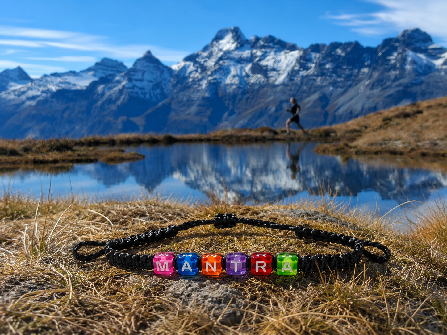 A handmade MANTRA word bracelet resting in golden tussock grass, with a trail runner and snow-capped mountains reflected in an alpine tarn behind